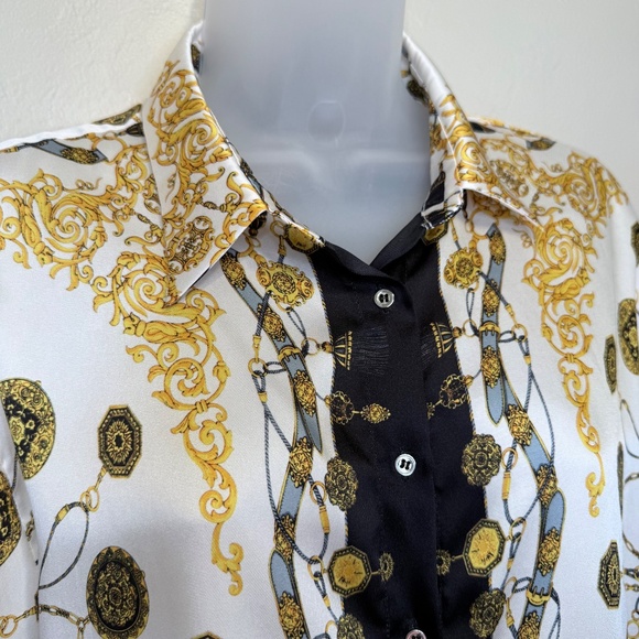 ZARA | Monogram Baroque Chain Pattern Button Front Collared Long Sleeve Blouse - Picture 7 of 16